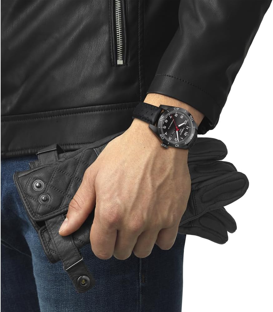 Men's Automatic Watch with Black PVD Steel Case and Leather Strap H499