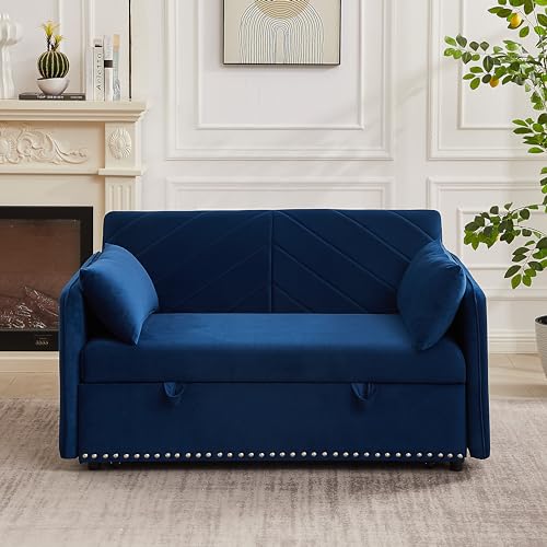 3-in-1 Convertible Velvet Sofa Bed with Pullout Bed, Loveseat with 2 Lumbar Pillows and Side Pocket G48240