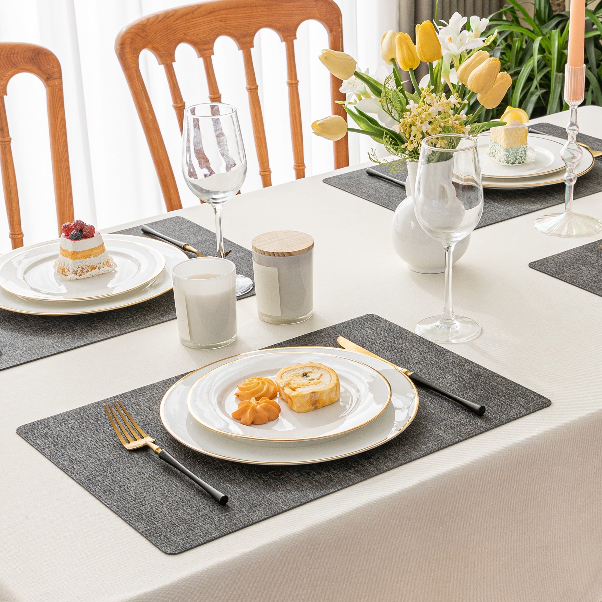 Vinyl Placemats Set of 6, Dark Grey Waterproof Faux Leather, 12x18 in U492023