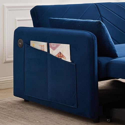 3-in-1 Convertible Velvet Sofa Bed with Pullout Bed, Loveseat with 2 Lumbar Pillows and Side Pocket G48240