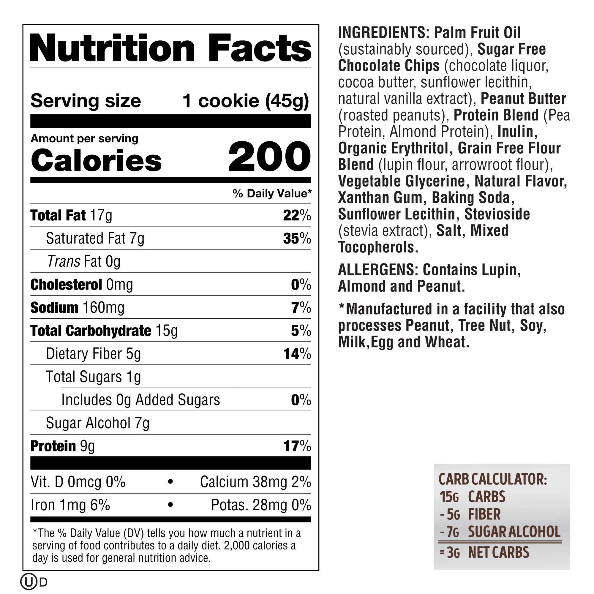 Keto Cookie, Chocolate Chip, 1.6 oz, 12 Ct U37477