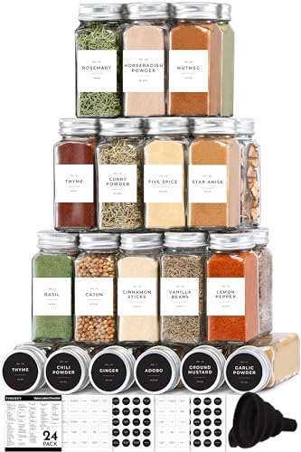 Glass Spice Jars with Label and Organizer - Minimalist Collection - Clear Empty 4 oz Spice Jars with Labels, Spice Seasoning Containers Jars with Labels, Small Spice Bottles Jars Set with Shaker Lids
