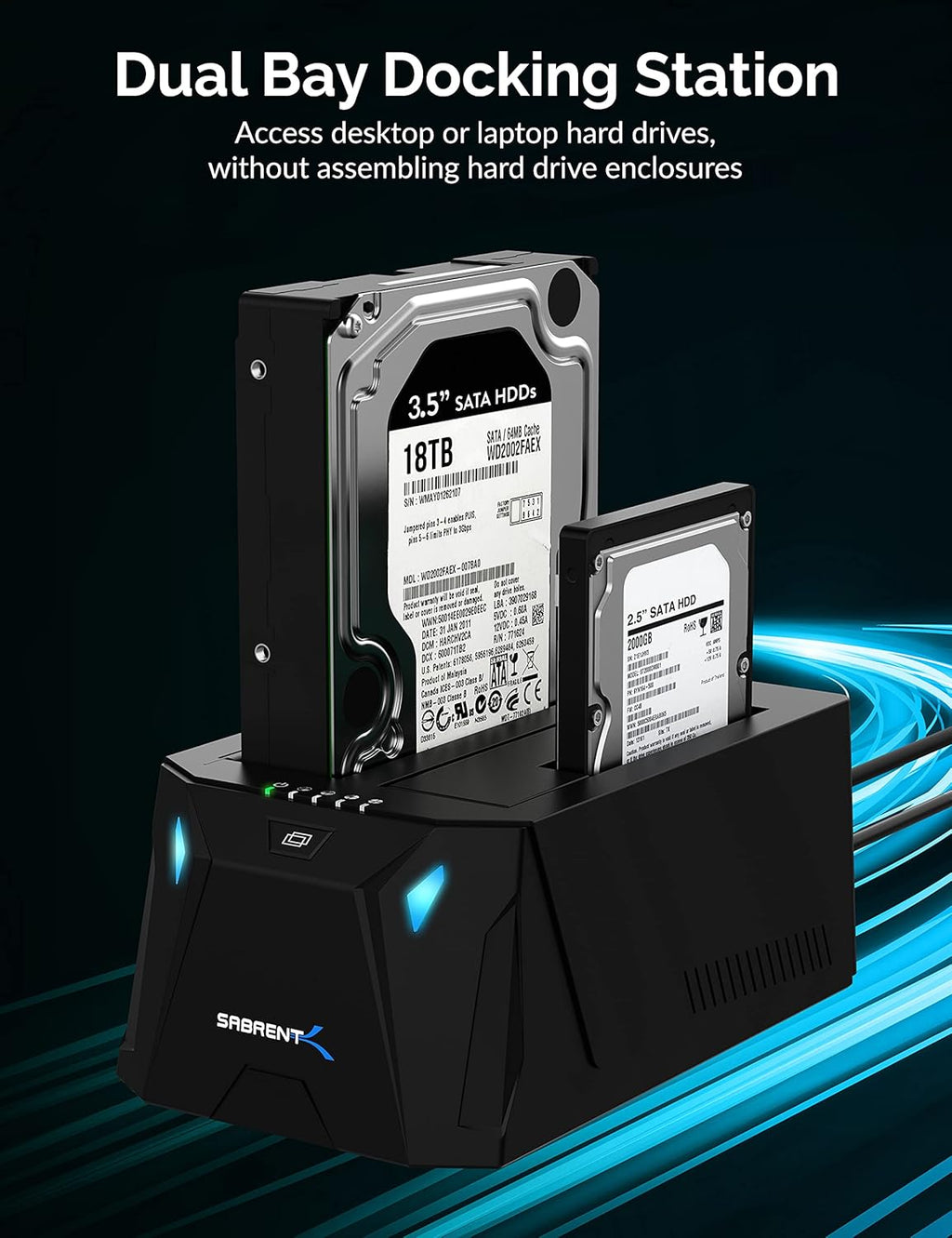 USB 3.0 to SATA Dual Bay External Hard Drive Docking Station for 2.5/3.5in HDD SSD with Cloner Function J42226