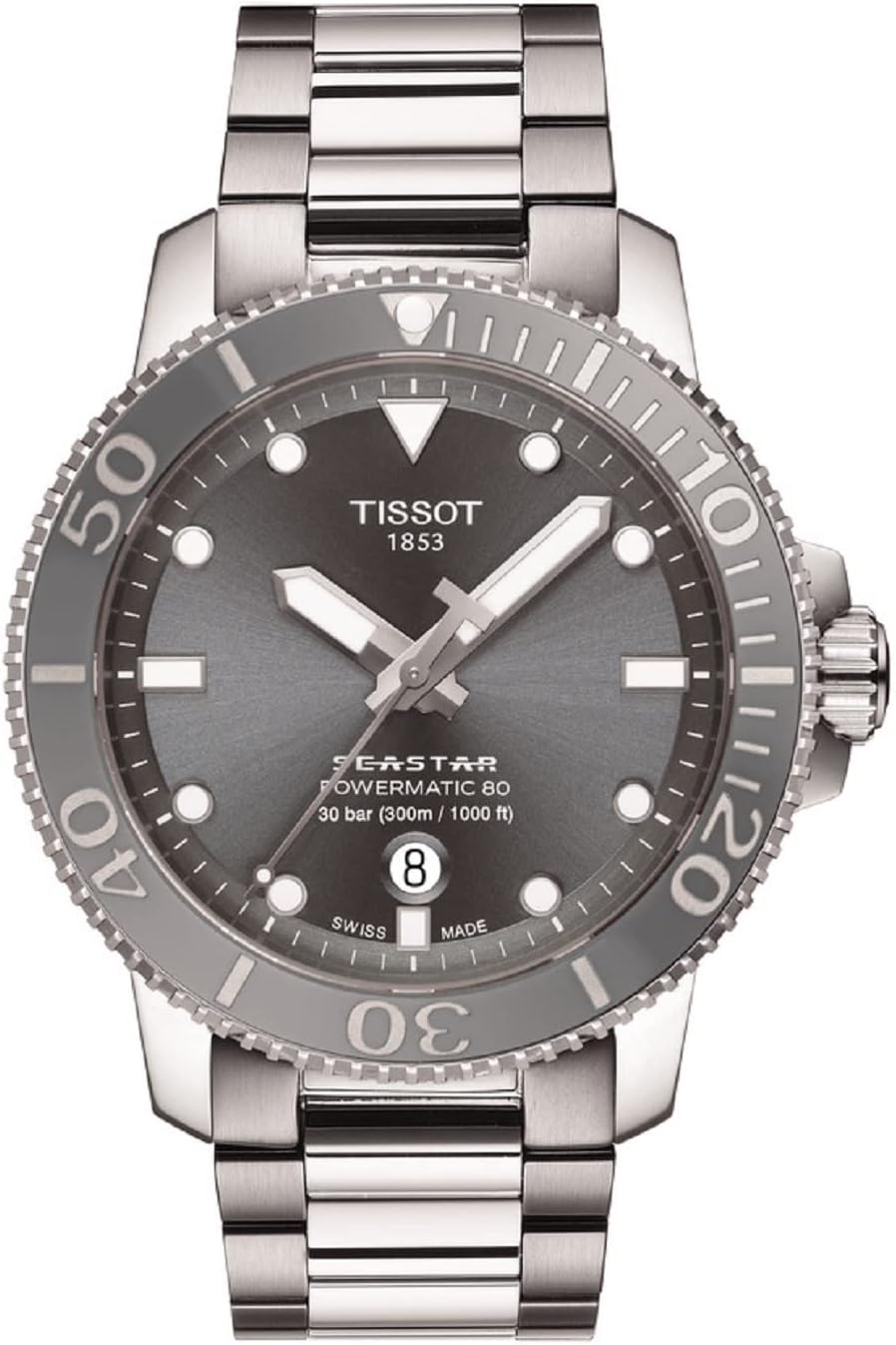 Tissot mens Seastar 1000 Powermatic 80 316L stainless steel case Swiss Automatic Watch, Grey, Stainless steel, 21 (T1204071108101)