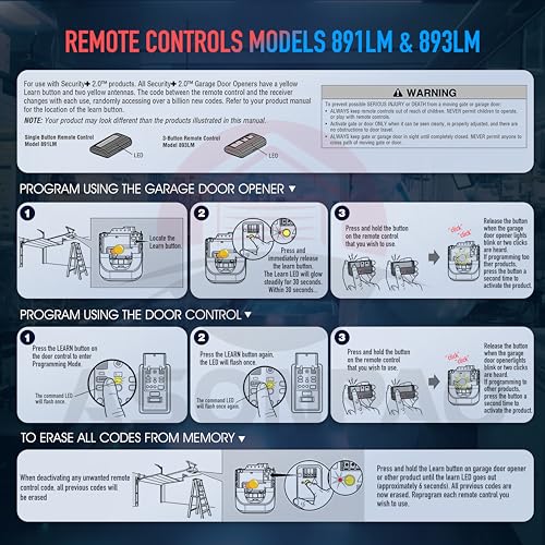 3 x 891LM 950ESTD Garage Door Opener Remote Security+ 2.0 myQ Yellow Learn Button U5405