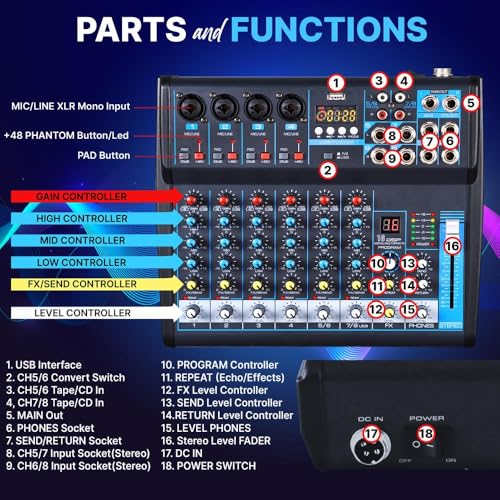 8 Channel Digital Audio Mixer with USB, Bluetooth, and DSP Effects A566796