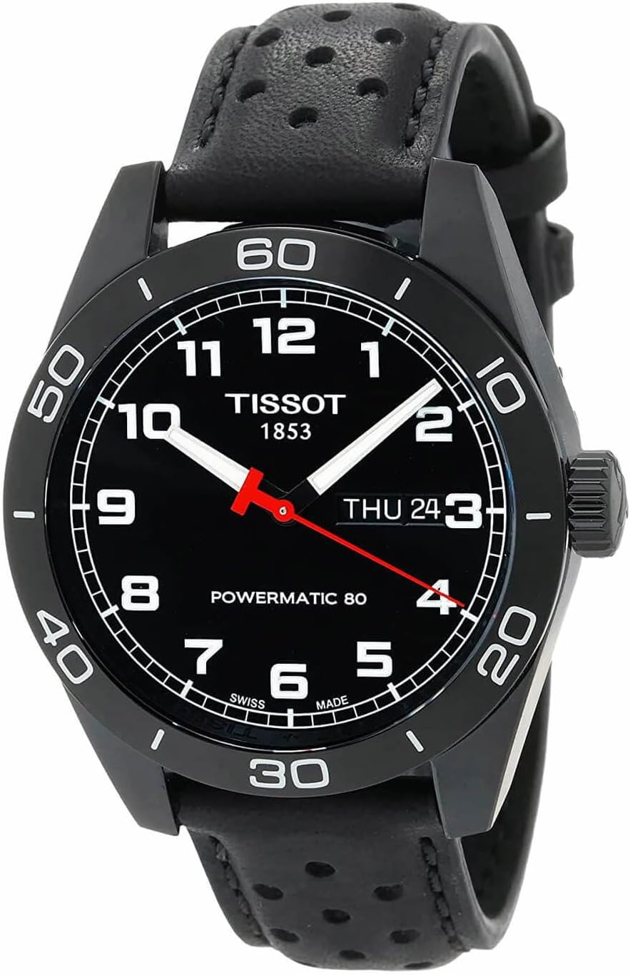 Men's Automatic Watch with Black PVD Steel Case and Leather Strap H499