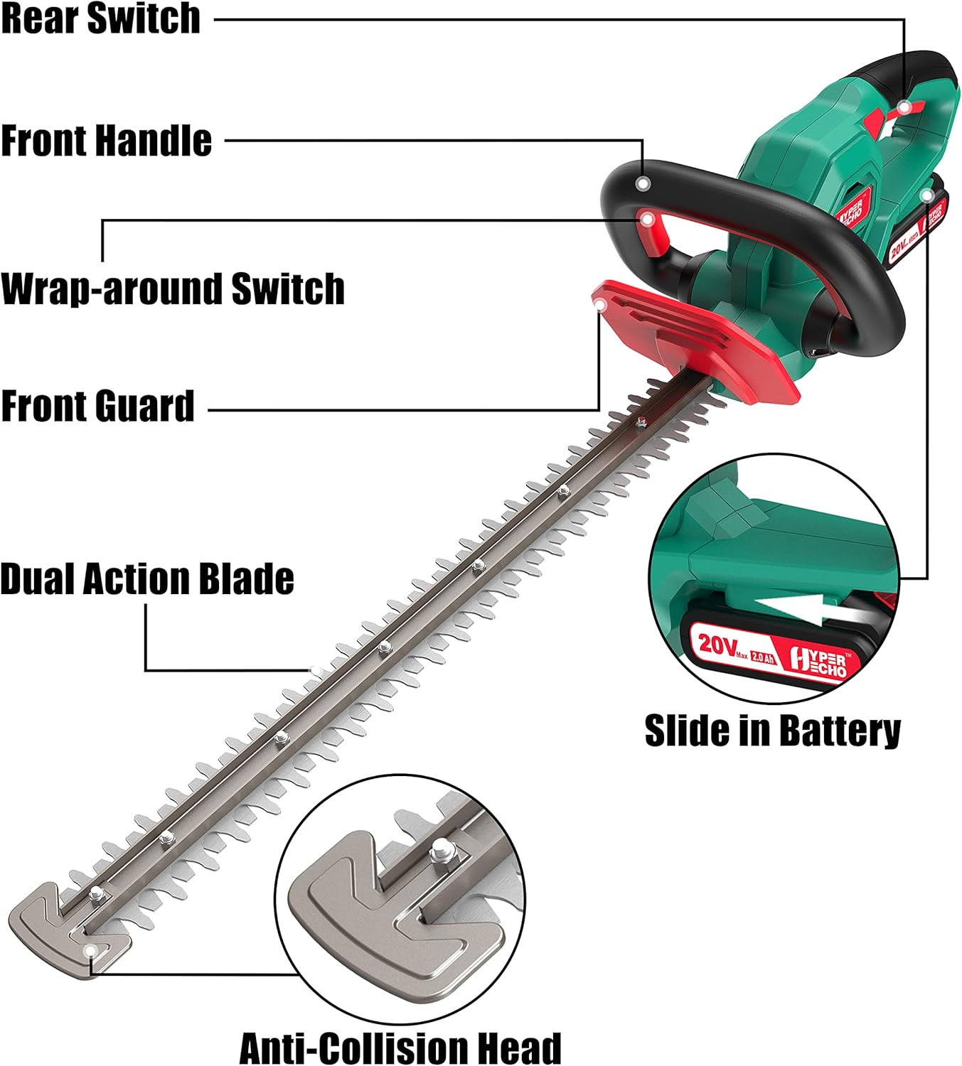 Cordless Hedge Trimmer 24-Inch with 2.0Ah Battery and Charger T581