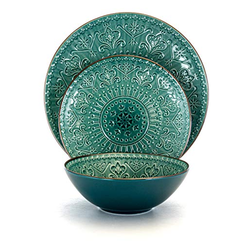 Round Stoneware Embossed Dinnerware Dish Set, 16 Piece, Ocean Teal and Green L486765