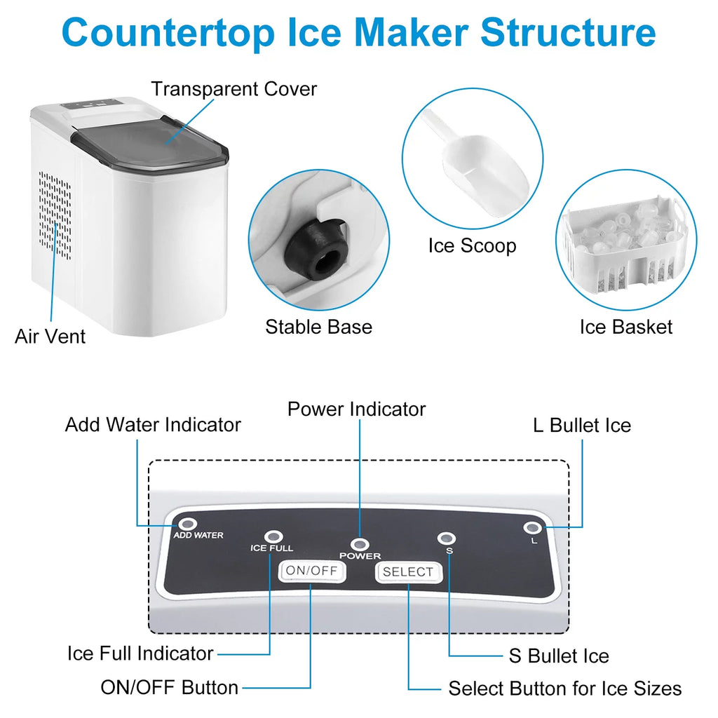 Countertop Ice Maker, 33Lbs/24H, 9 Ice Cubes in 6 Mins, Self-Cleaning Portable with Ice Scoop and Basket P57485