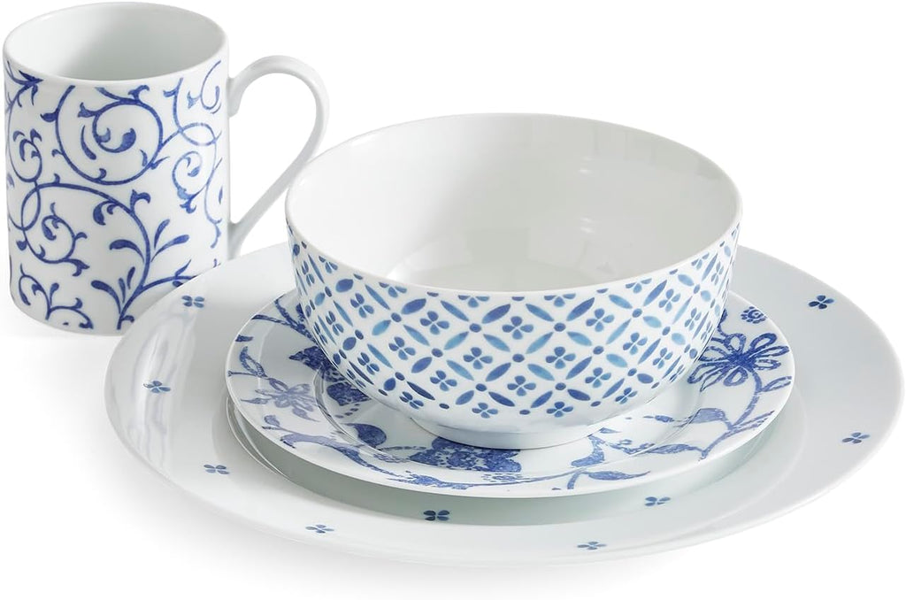 Blue Indigo Dinnerware Set 16 Piece Porcelain, Floral Design, Service for 4 M231528