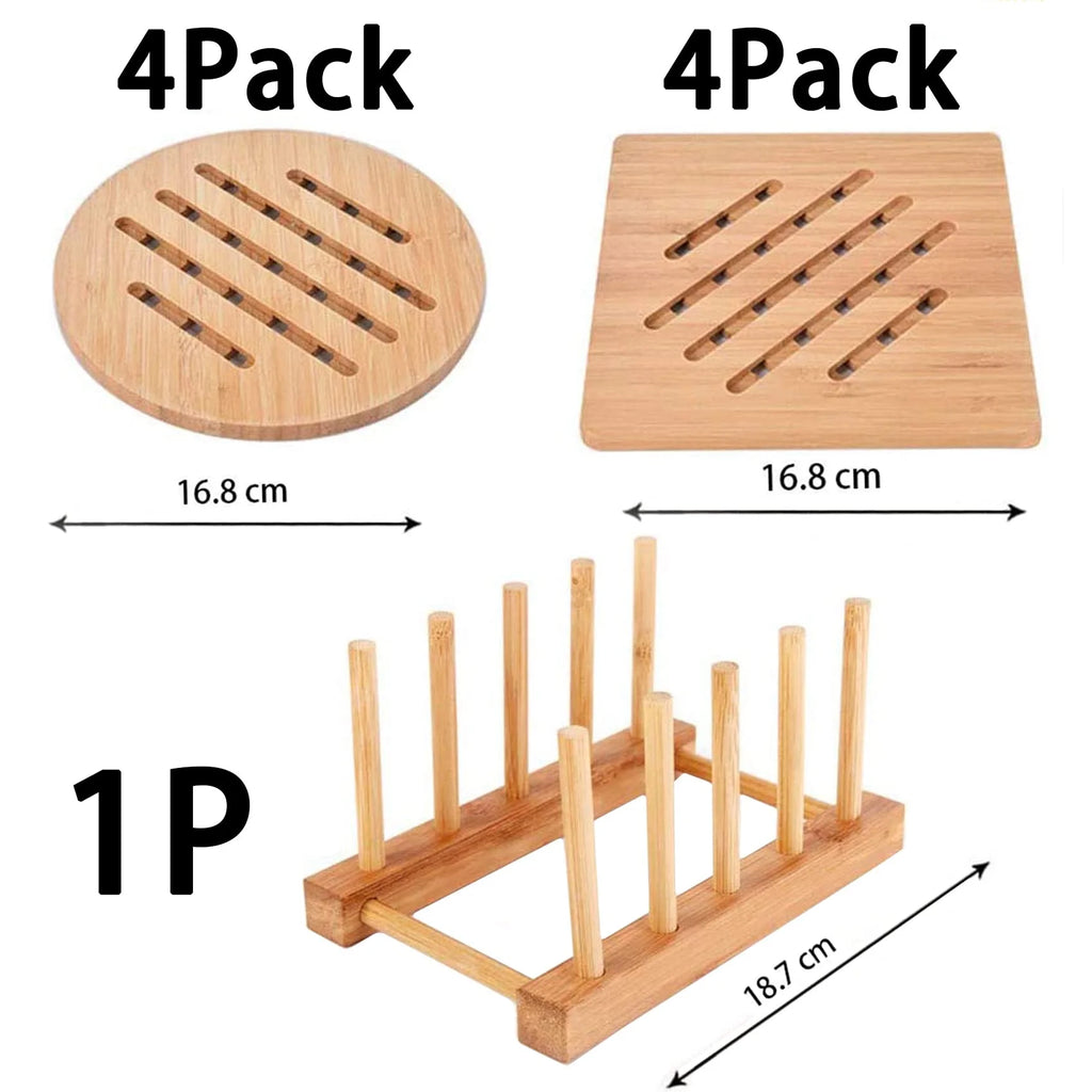 Bamboo Trivet Mat Set for Hot Pots Dishes Bowls, 8 Pack Heat Resistant with 2 Holders U66933