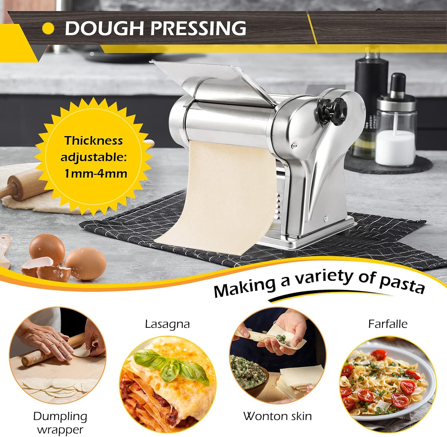 Electric Pasta Maker Noodle Machine with Adjustable Thickness, Stainless Steel, 135W O715362