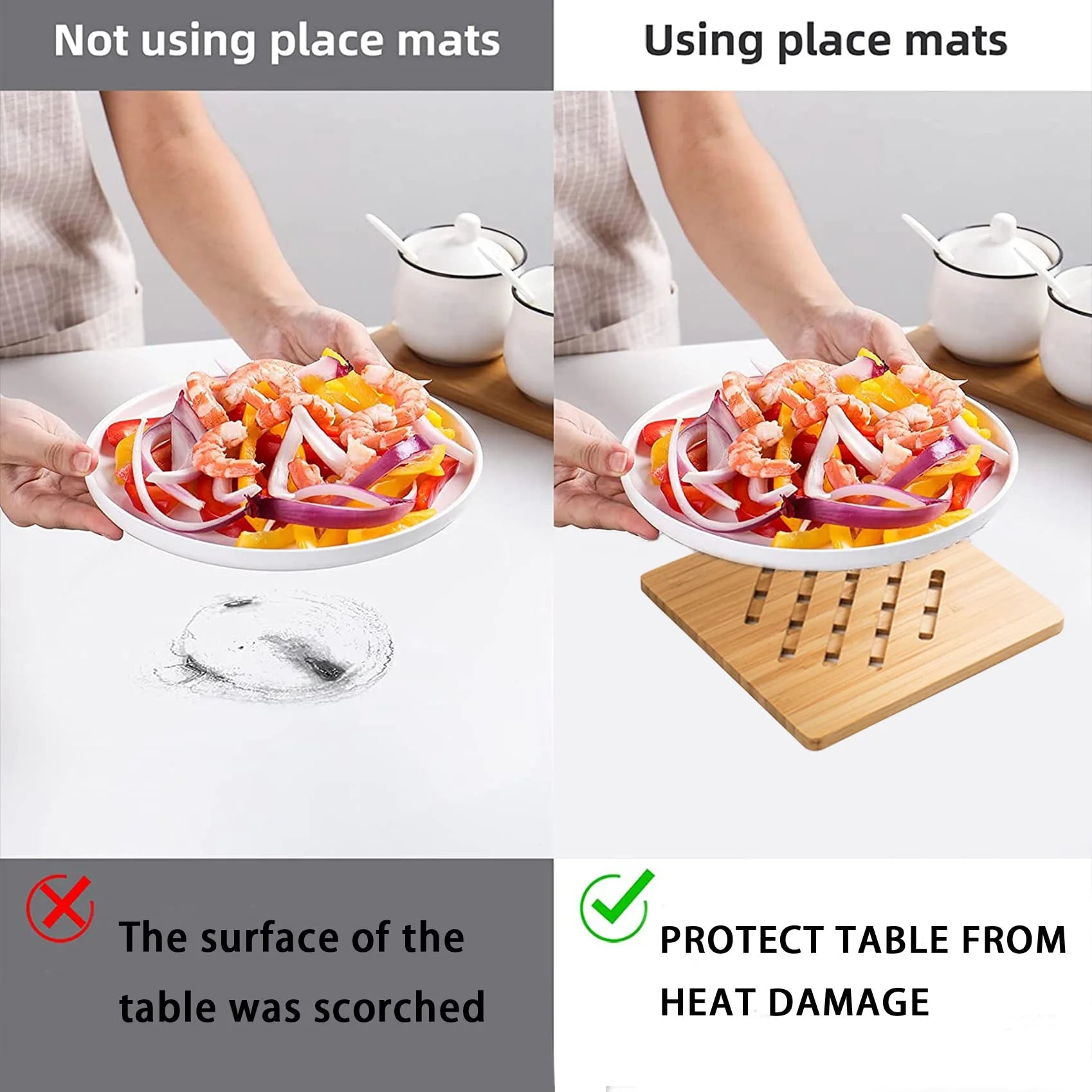 Bamboo Trivet Mat Set for Hot Pots Dishes Bowls, 8 Pack Heat Resistant with 2 Holders U66933