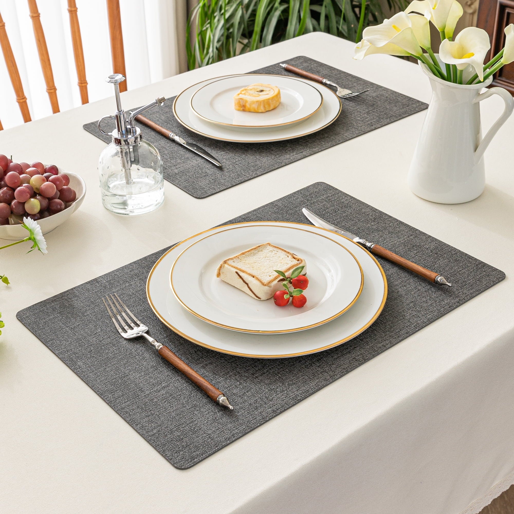 Vinyl Placemats Set of 6, Dark Grey Waterproof Faux Leather, 12x18 in U492023
