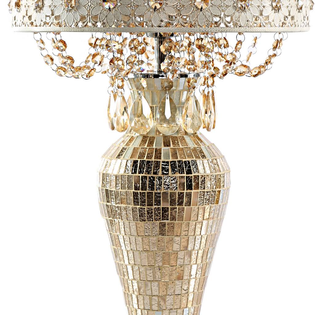 Jeweled Metal and Mosaic Base Table Lamp with Cascading Crystals, Gold X569