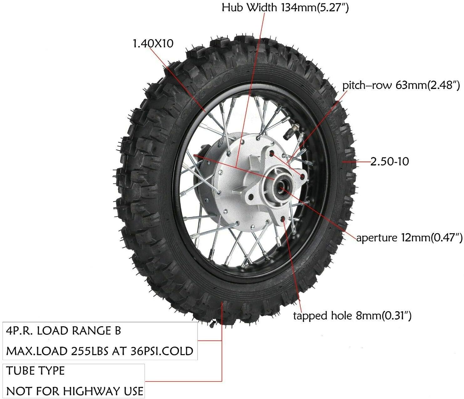10" Rear Wheel Tire Assembly for 50-110cc Dirt Pit Bike D969