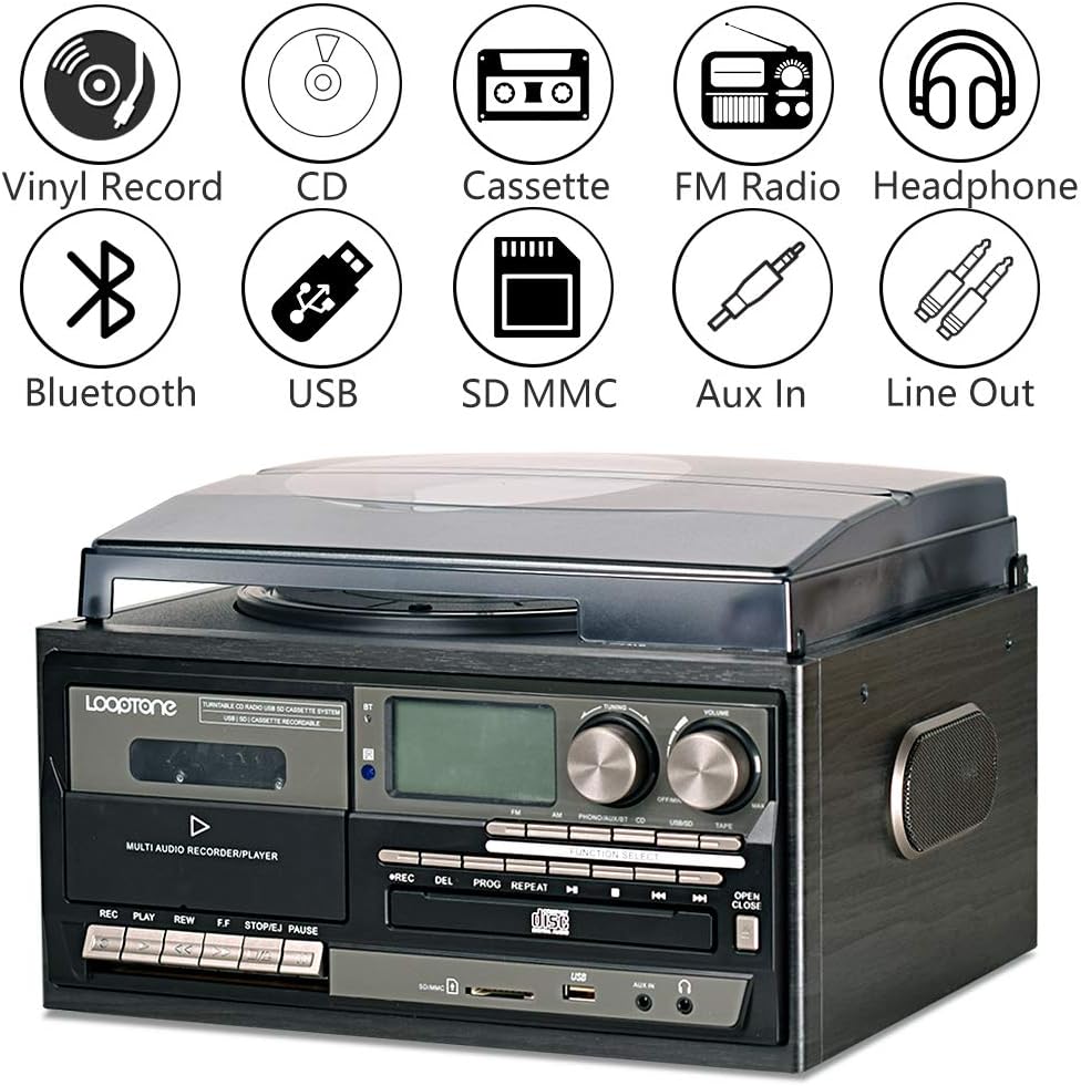 Vinyl Record Player 3 Speed Bluetooth Turntable with CD Cassette Radio USB I3998