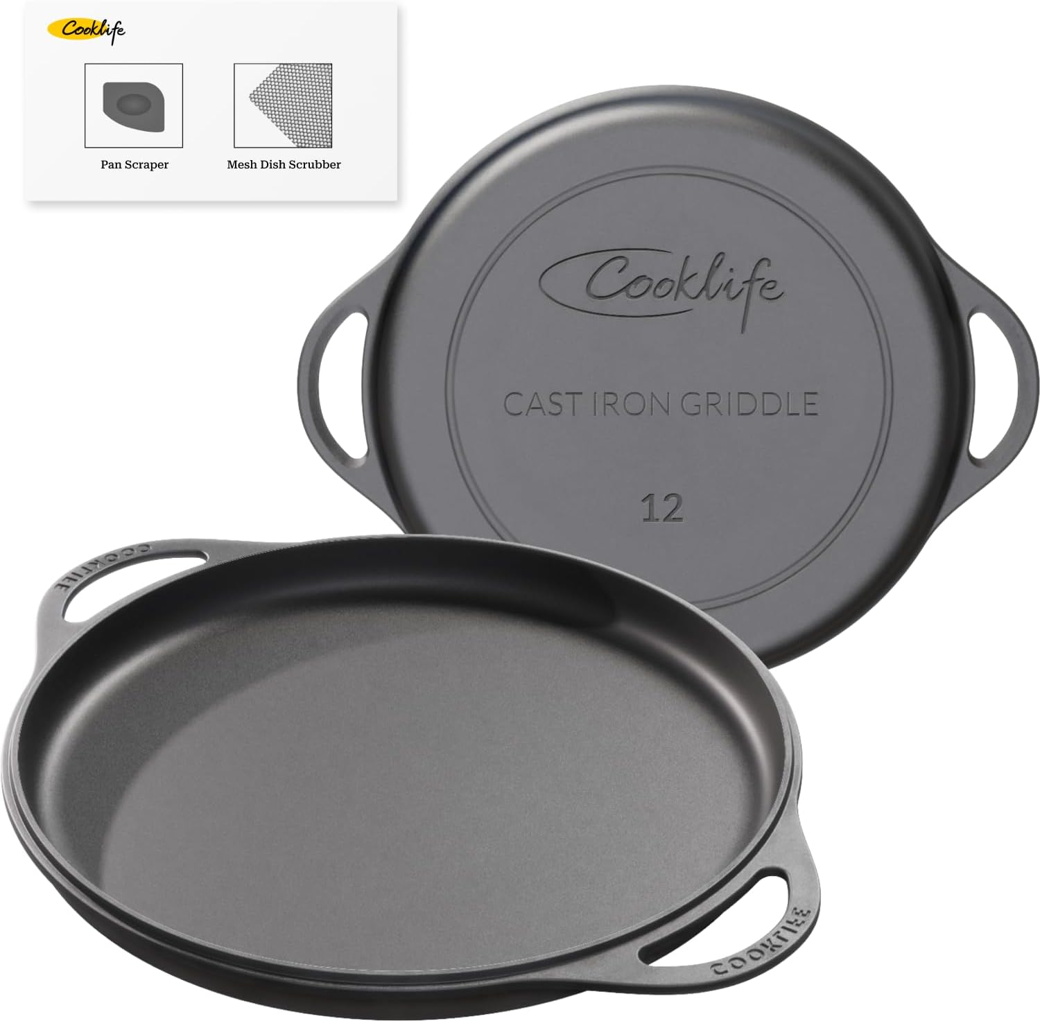 Cast Iron Griddle Pan with Scraper, Round Stove Top Pizza Pan X274