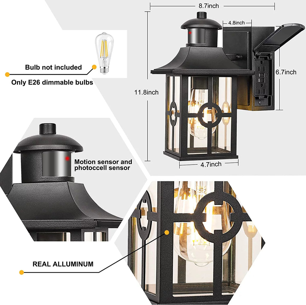 Outdoor Motion Sensor Porch Light with 2 GFCI Outlets V7240