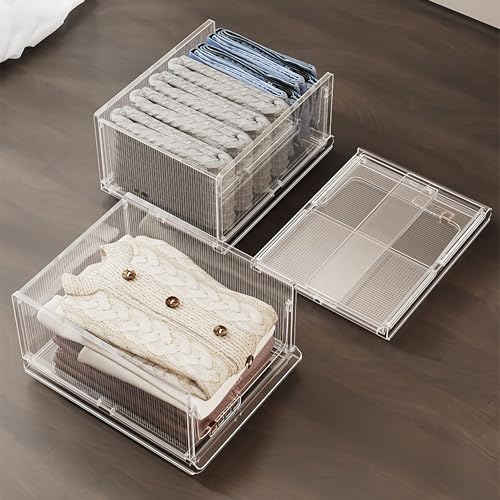 Stackable Wardrobe Organizer Bins, Foldable Plastic Storage Baskets for Closet, Kitchen, Bathroom T4782