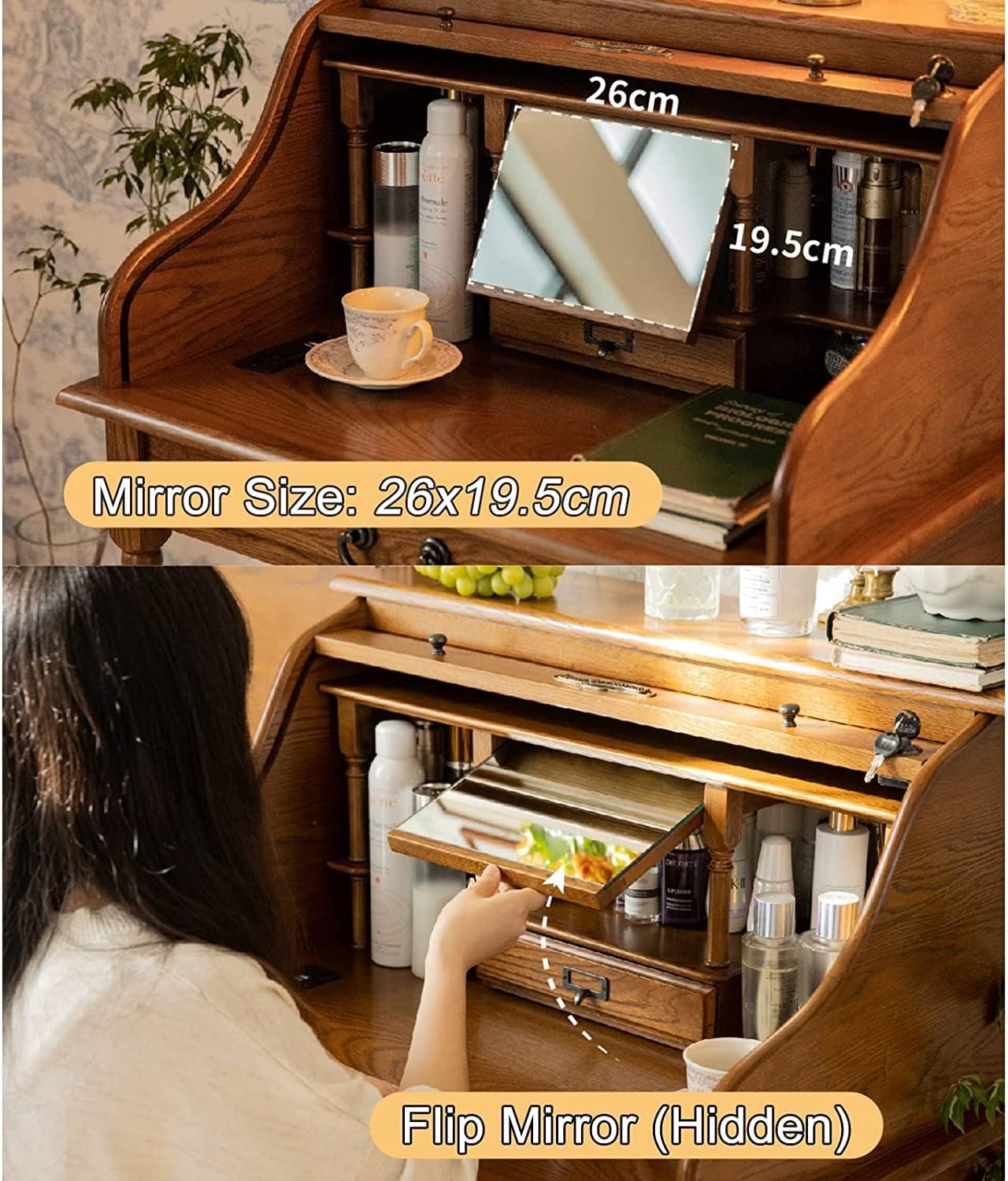 Oak Wood Vanity Desk with Pull-Out Mirror and Charging Port K34545