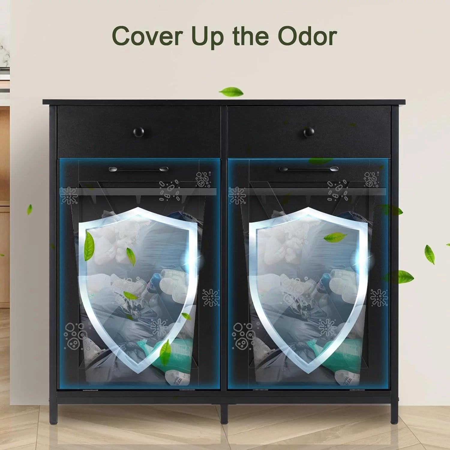 Double Tilt Out Trash Cabinet Freestanding Kitchen Recycling Garbage Can Holder with Drawers A885