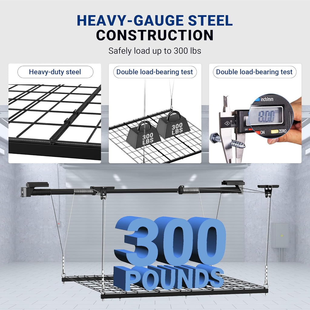 Overhead Garage Storage Rack, 4x4 Ft, Adjustable Heavy-Duty Ceiling Rack, 300 lbs J20957
