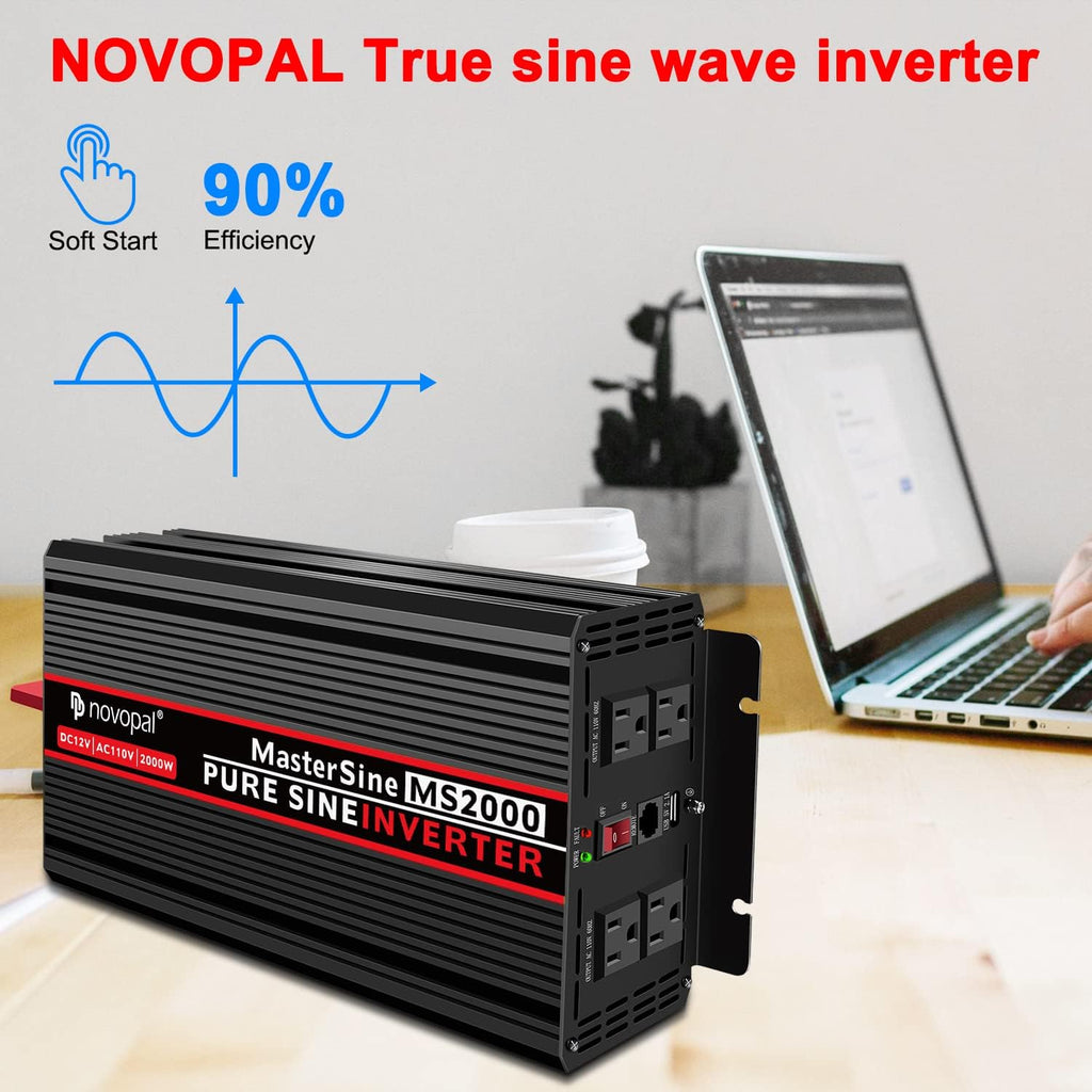 Power Inverter Pure Sine Wave 1000W 24V to 110V AC Converter with 4 Outlets and Remote Control J12881