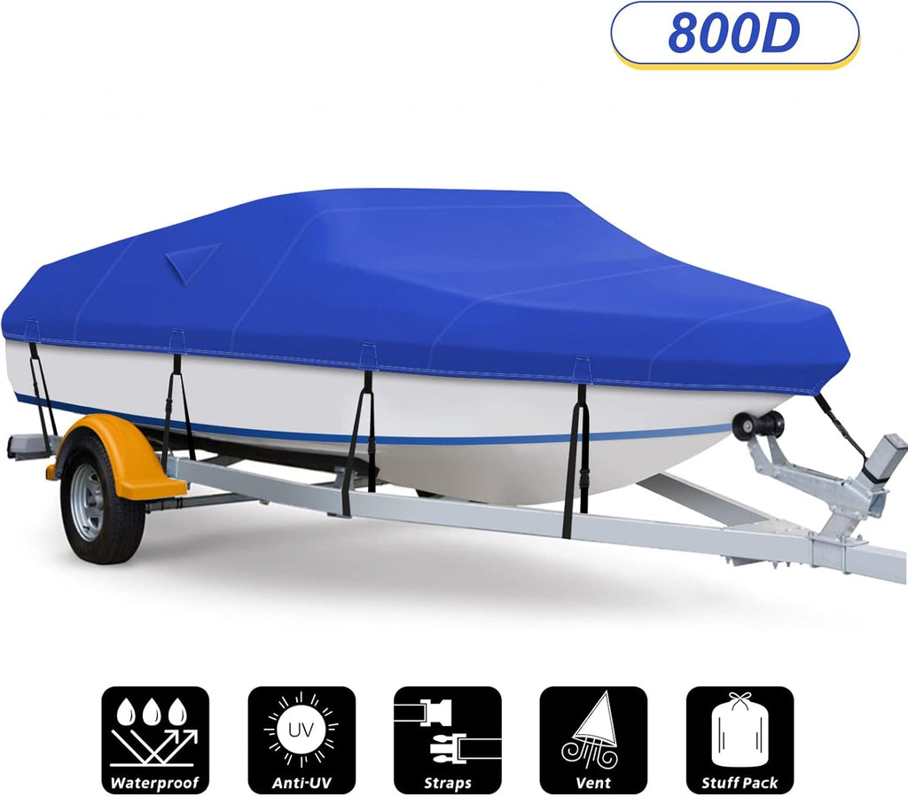 Boat Cover, 800D Waterproof, Fits 17-19 ft Bass Boat, V-Hull, Tri-Hull, Runabout, Bowrider, Fish and Ski Boat, Heavy Duty Canvas, Double Rear Air Vents A231