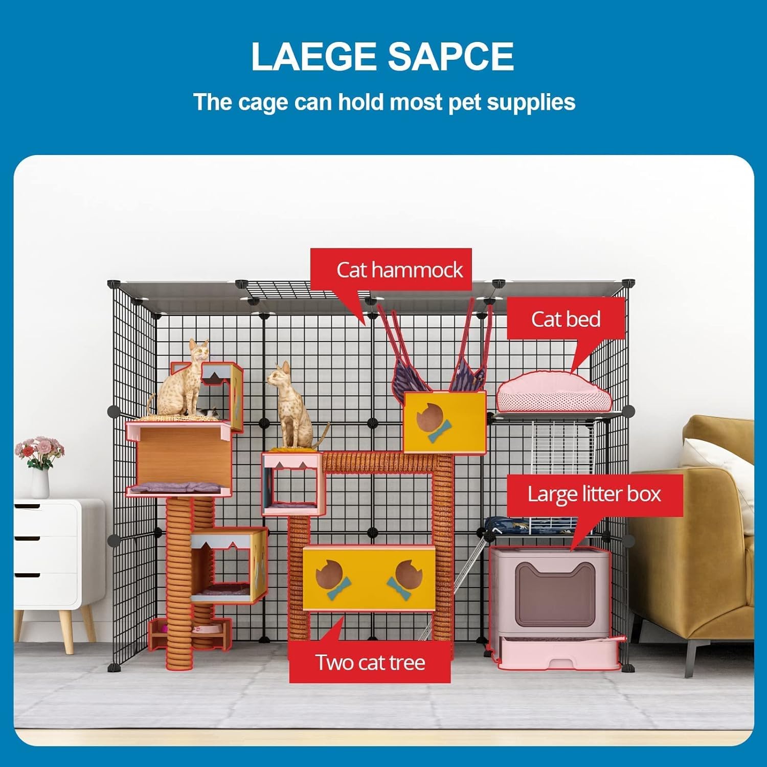 Large Cat Cage Indoor DIY Cat Playpen Detachable Metal Wire Kennels Crate N897