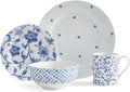 Portmeirion Home Blue Indigo Dinnerware Set | 16 Piece Dish Set with Blue and White Floral Design | Service for 4 | Made from Porcelain | Microwave and Dishwasher Safe