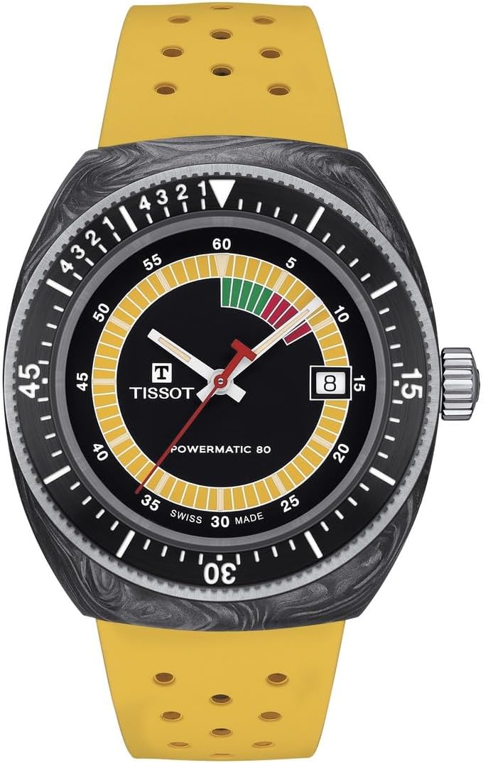 Tissot Unisex Sideral S Powermatic 80 316L Stainless Steel case with Black and Grey Marbled Forged Carbon Automatic Watches, Yellow, Rubber, 20 (T1454079705700)