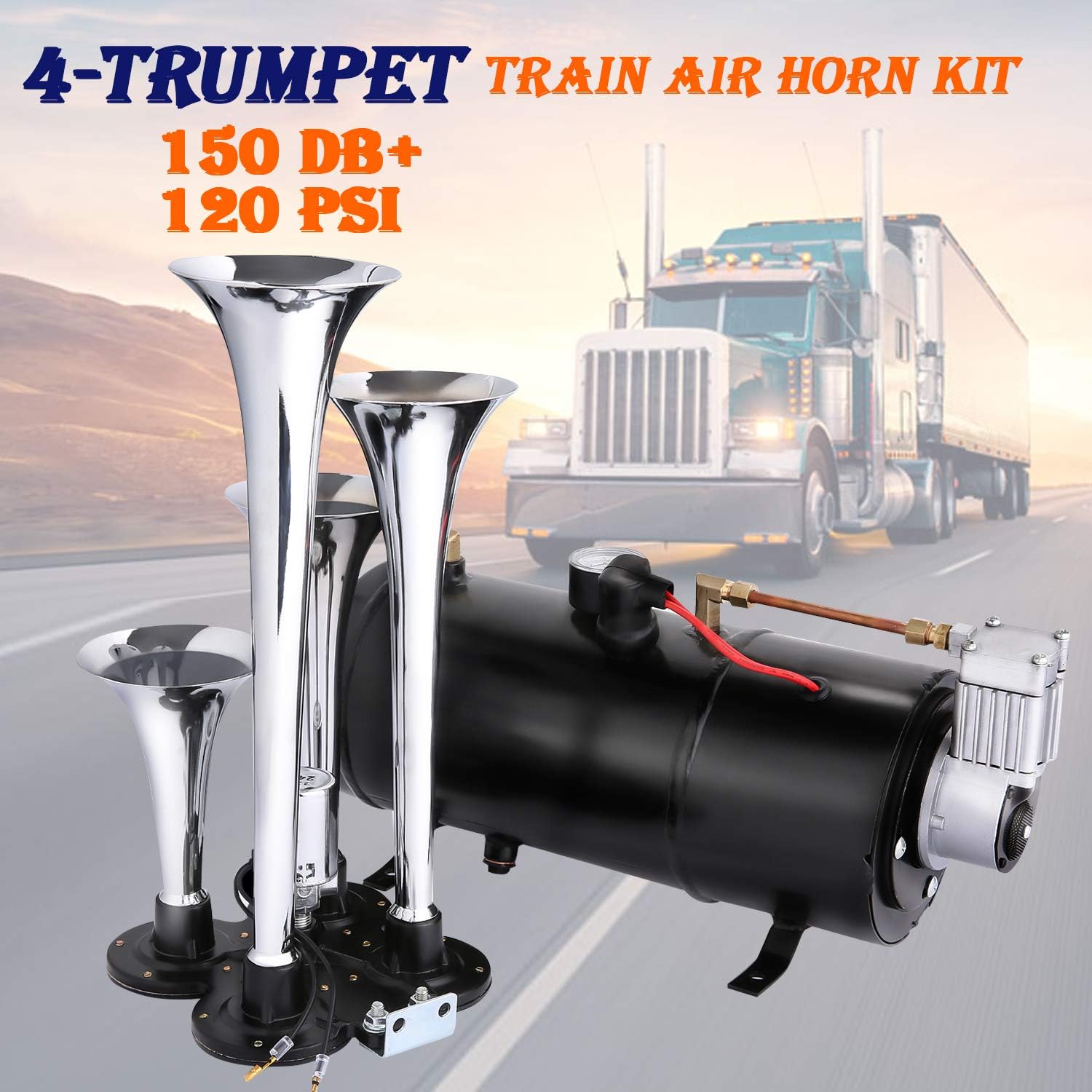 150DB Super Loud Train Horn Kit for Trucks with 4 Trumpets and 12V Compressor K86004