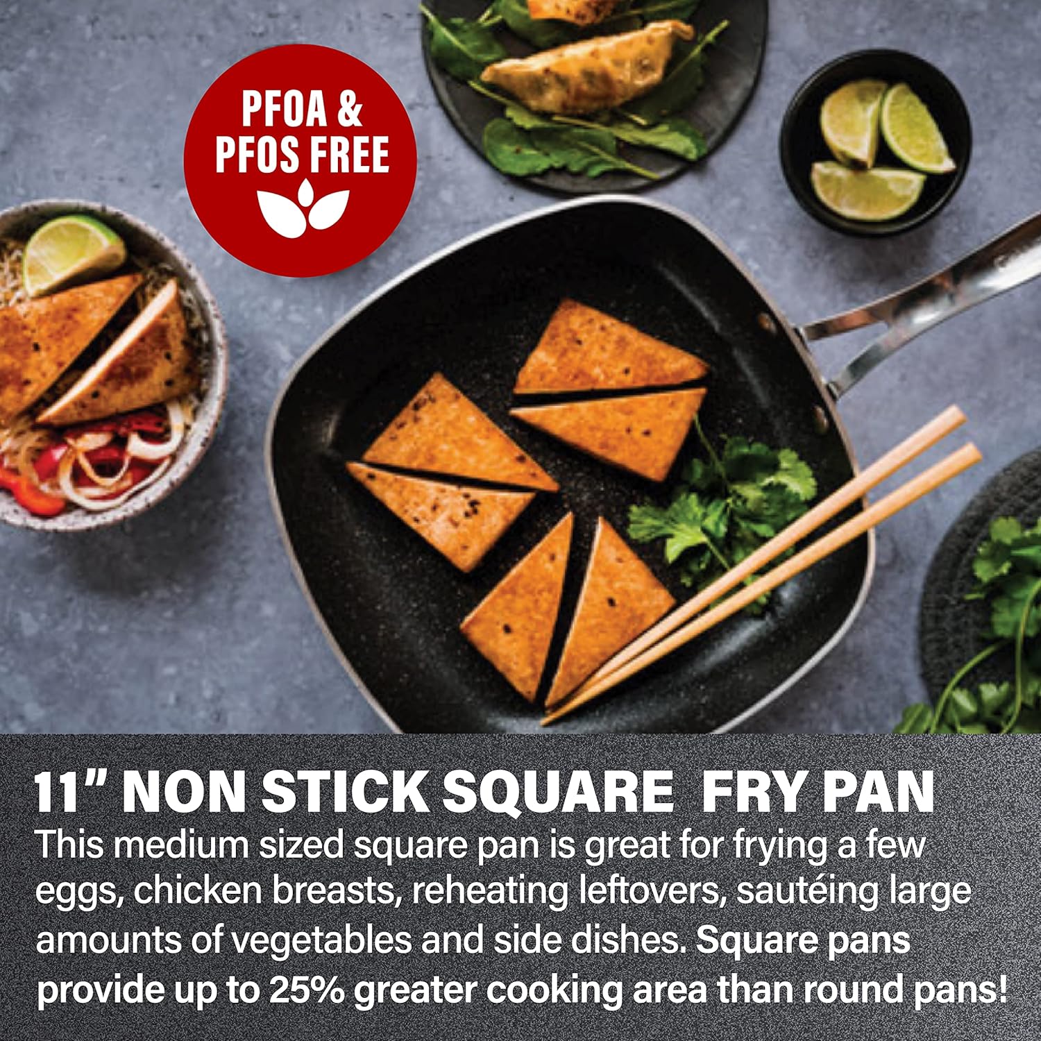 11" Shallow Square Frying Pan Nonstick Skillet, Scratchproof Diamond Infused Coating, Oven Safe Dishwasher Safe D7004