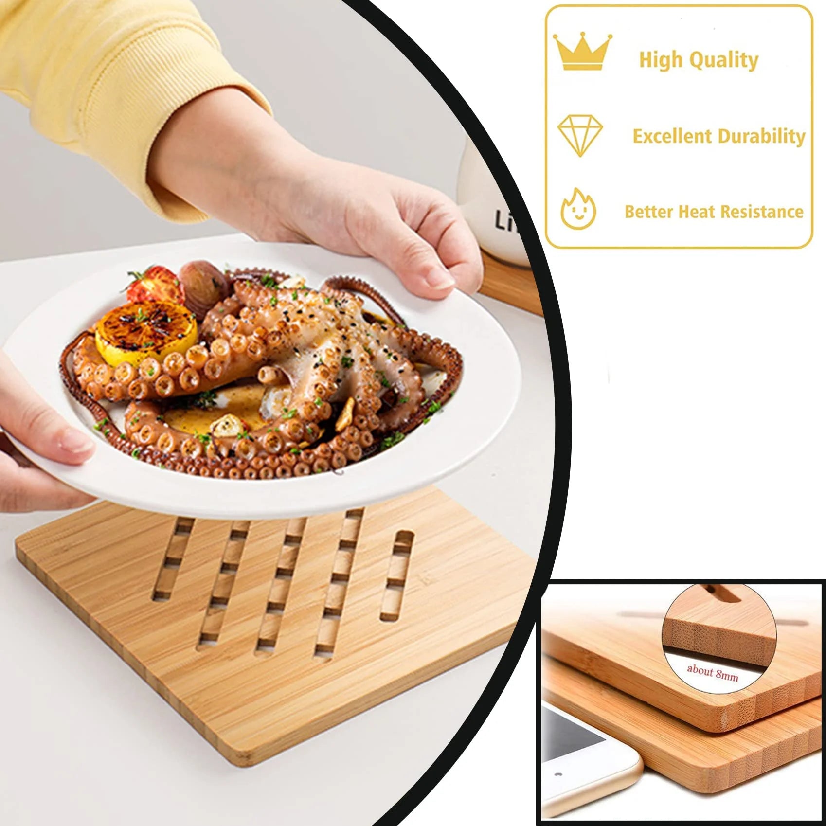 Bamboo Trivet Mat Set for Hot Pots Dishes Bowls, 8 Pack Heat Resistant with 2 Holders U66933