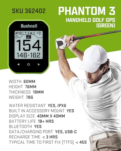 Bushnell Phantom 3 Slope GPS Golf Green with Touchscreen and Magnetic Cart Mount C64332