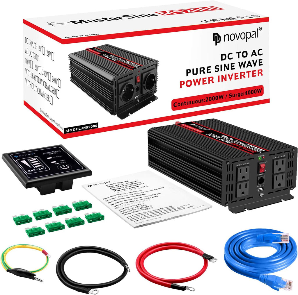 Power Inverter Pure Sine Wave 1000W 24V to 110V AC Converter with 4 Outlets and Remote Control J12881