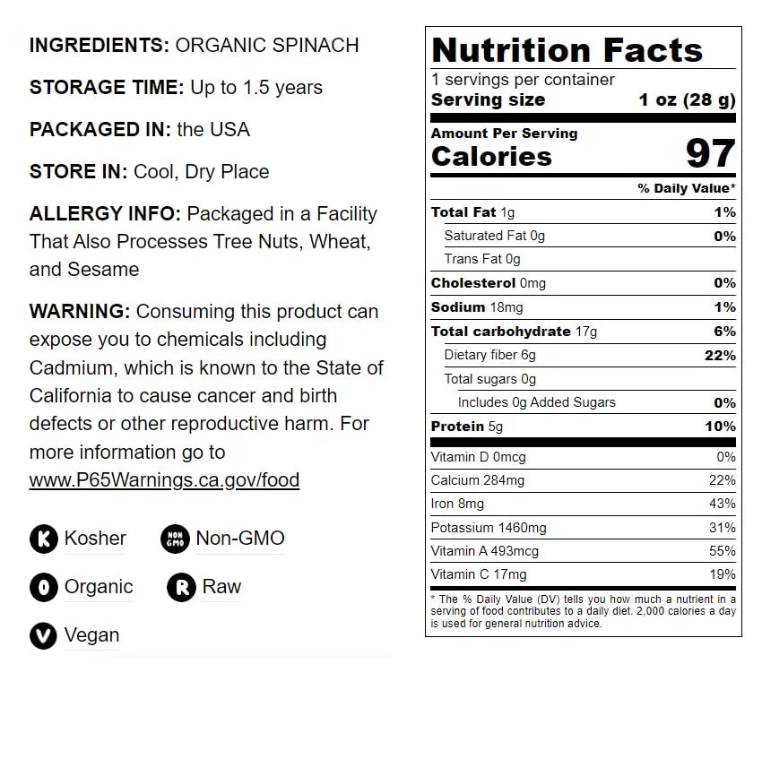 Organic Spinach Powder, 16 Pounds – Non-GMO, Kosher, Vegan V7008