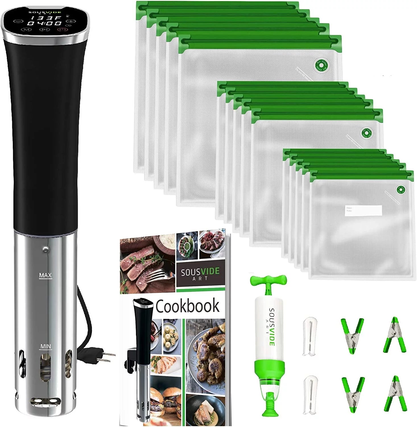 Sous Vide Cooker Kit ALL-IN-ONE - Sous Vide Machine 800W, 120V with Accurate Temperature Digital Timer, 30 Sous Vide Bags, Sous Vide Clips, Vacuum Pump, Cookbook with Recipes