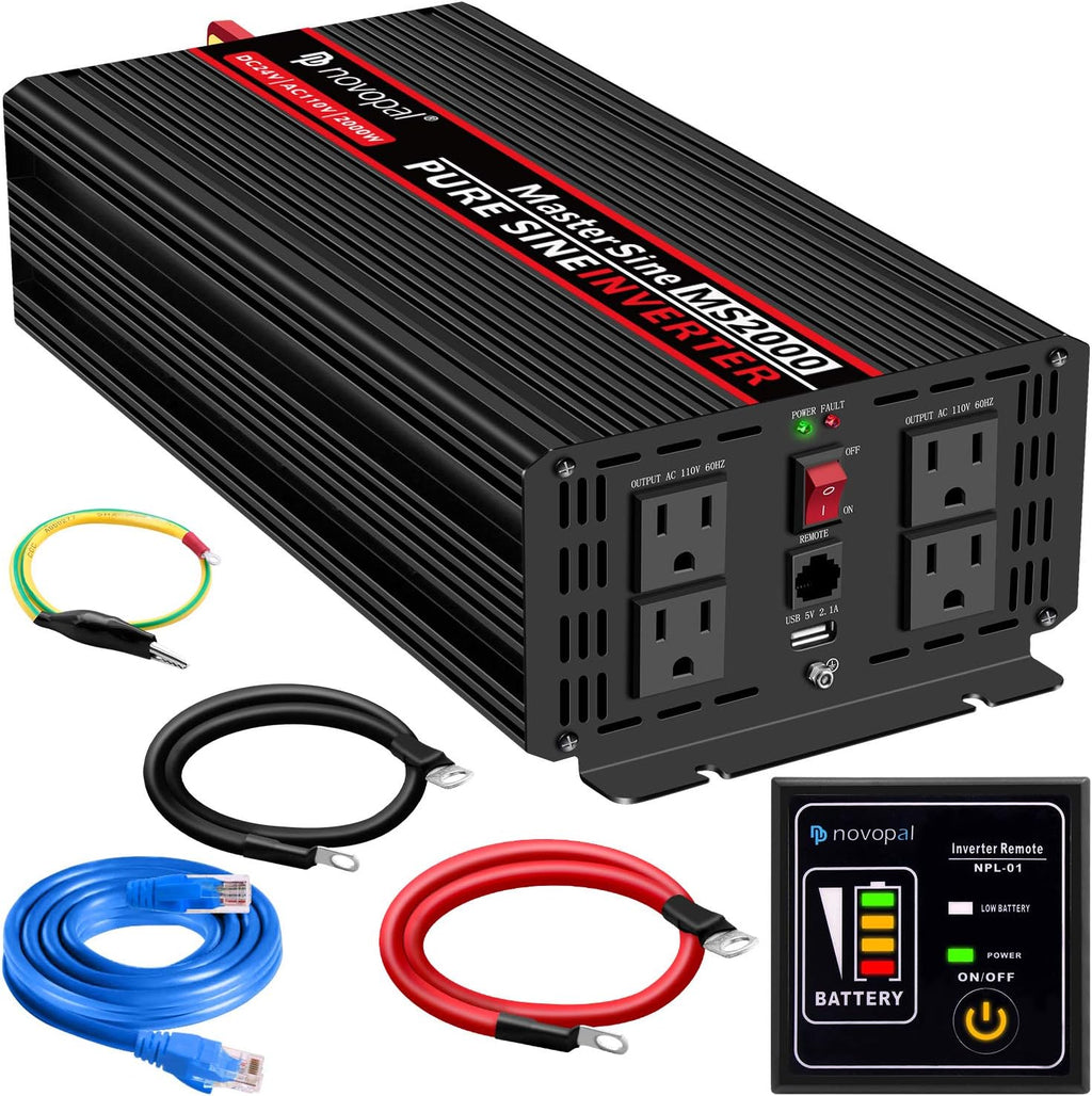 Power Inverter Pure Sine Wave 1000W 24V to 110V AC Converter with 4 Outlets and Remote Control J12881