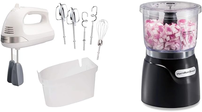 Hamilton Beach 6-Speed Electric Hand Mixer with Whisk, Dough Hooks and Easy Clean Beaters & Electric Vegetable Chopper & Mini Food Processor, 3-Cup, 350 Watts, for Dicing, Mincing