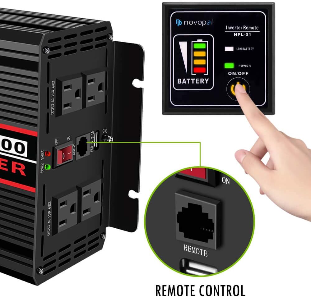 Power Inverter Pure Sine Wave 1000W 24V to 110V AC Converter with 4 Outlets and Remote Control J12881