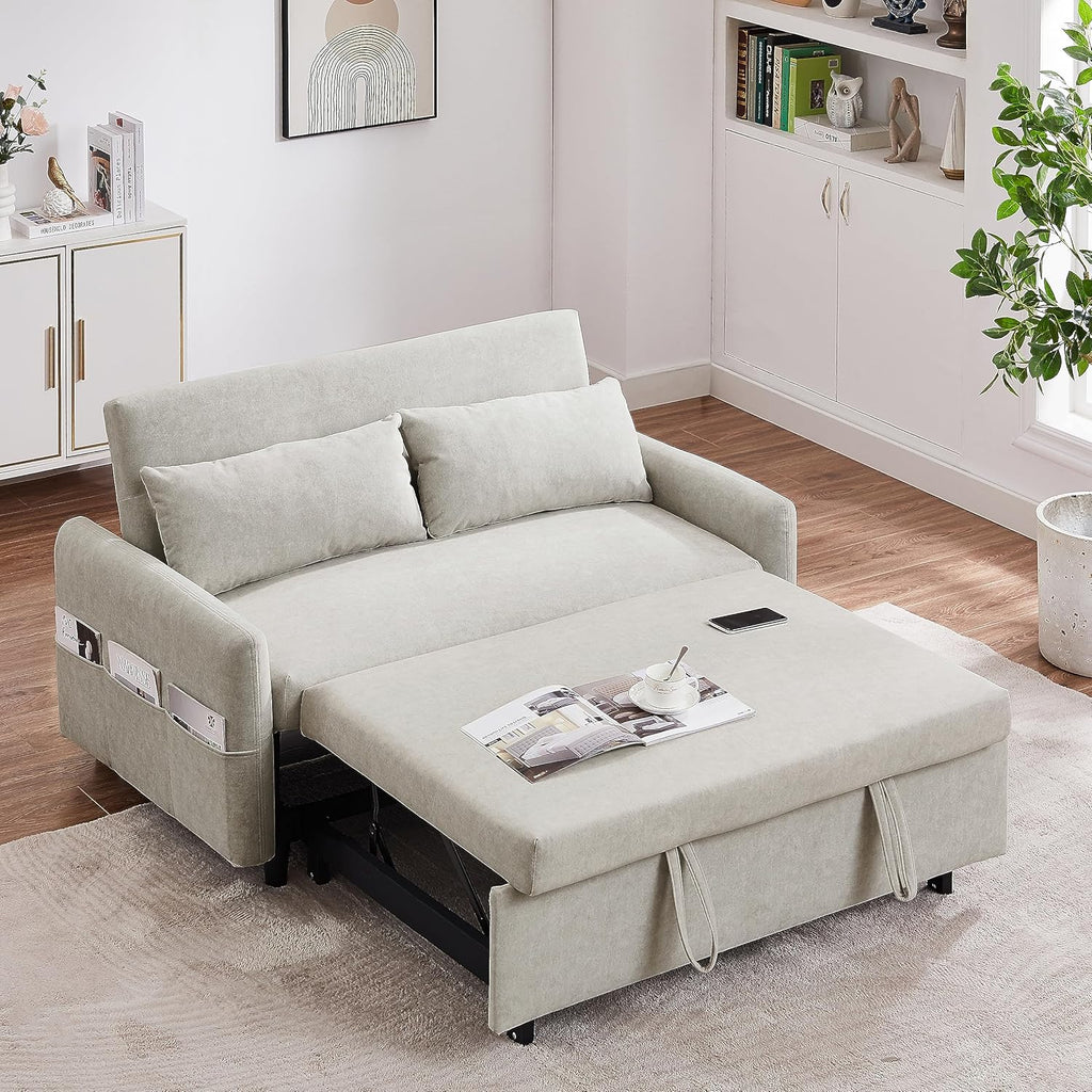 55" Sleeper Sofa with Pull Out Bed, Futon Couch w/USB Ports, 3-in-1 Convertible Loveseats w/Adjustable Backrest, Side Storage Pockets & Two Pillows for Living Room, Apartment, Beige