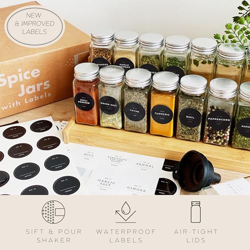 Glass Spice Jars with Labels and Organizer, 4 oz Empty Containers with Shaker Lids P7440