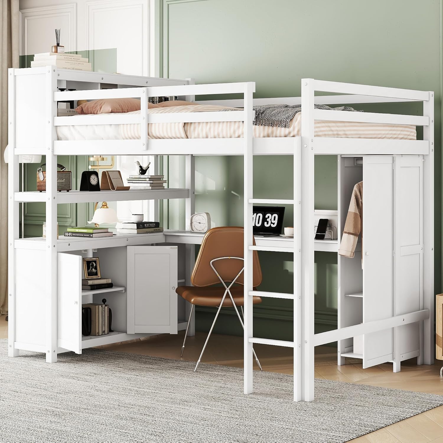 Harper & Bright Designs Full Size Loft Bed with Built-in Desk, Bookshelf, Wardrobe, Full Length Guardrail and Ladder, White