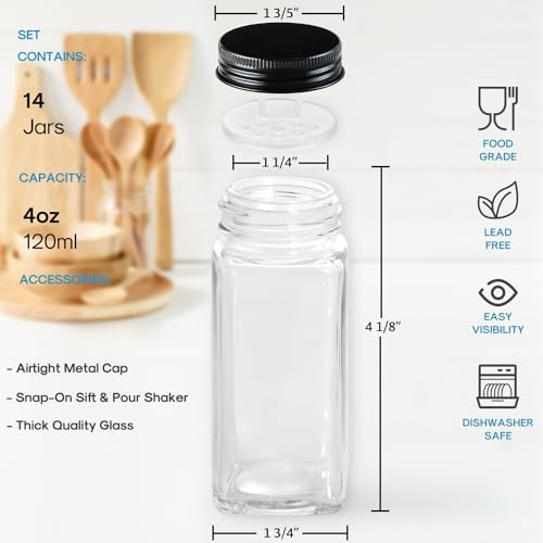 14 Pcs Glass Spice Jars with Labels, 4oz Square Bottles with Shaker Lids A771156