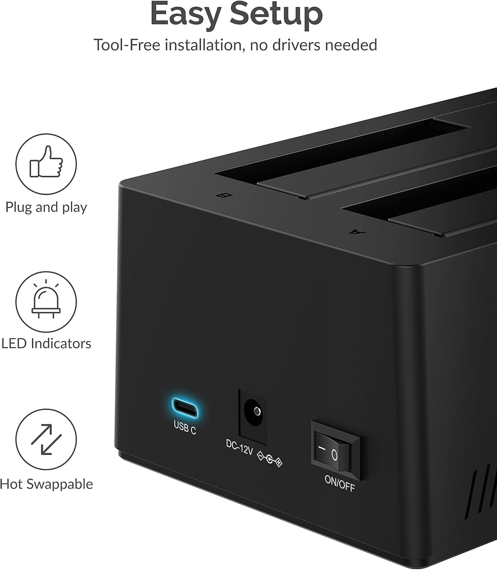 USB 3.0 to SATA Dual Bay External Hard Drive Docking Station for 2.5/3.5in HDD SSD with Cloner Function J42226