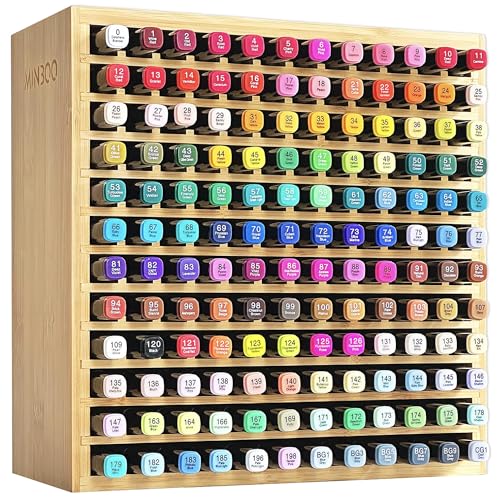 Bamboo Marker Organizer Wooden Desktop Storage Hold 288 Markers Pens Pencils Art Brushes Stationary Organizer Pencil Holder with for Home Classroom Office Decor （2 Rack for 144 Markers）