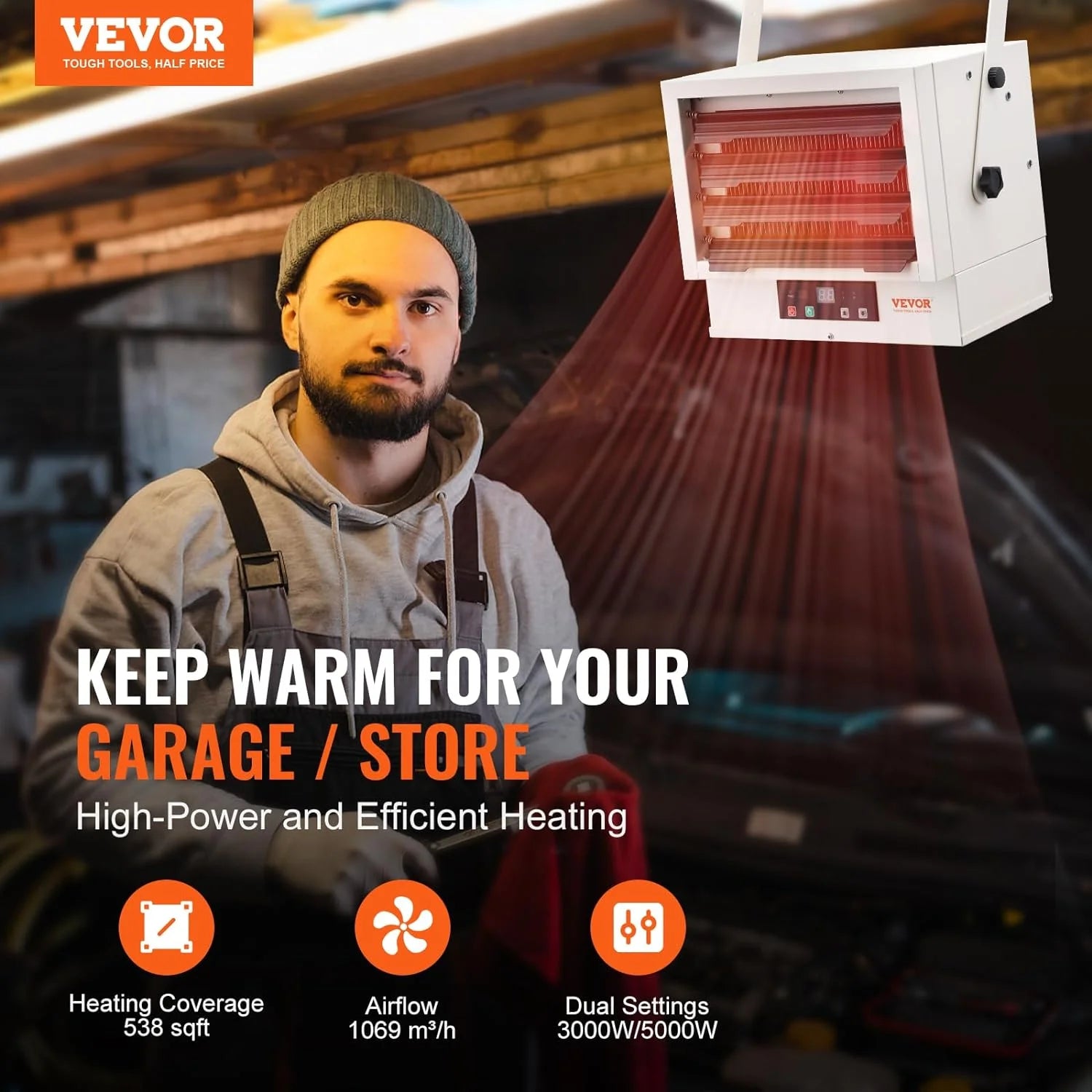 Electric Garage Heater, 5000-Watt Digital Fan-Forced Wall/Ceiling Mount, Remote Control, Overheat Protection, 9-Hour Timer C956